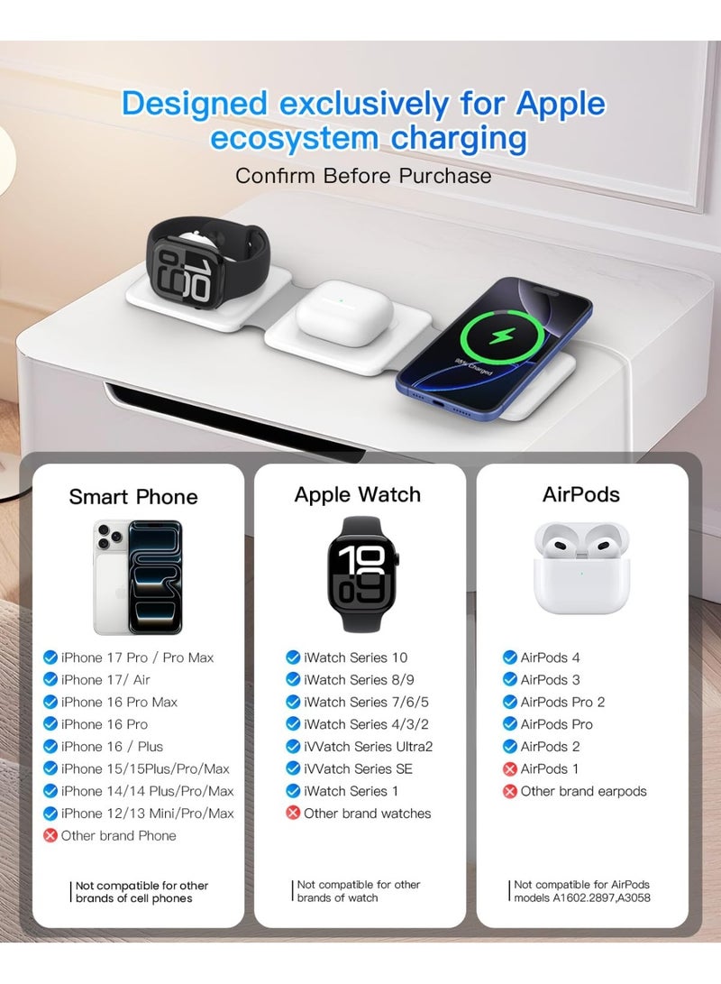 قاعدة شحن لاسلكية مغناطيسية قابلة للطي 3 في 1 - محطة شحن سريع لأجهزة iPhone و Apple Watch و AirPods، حامل شحن محمول متعدد الأجهزة بتصميم صغير الحجم - Image 3